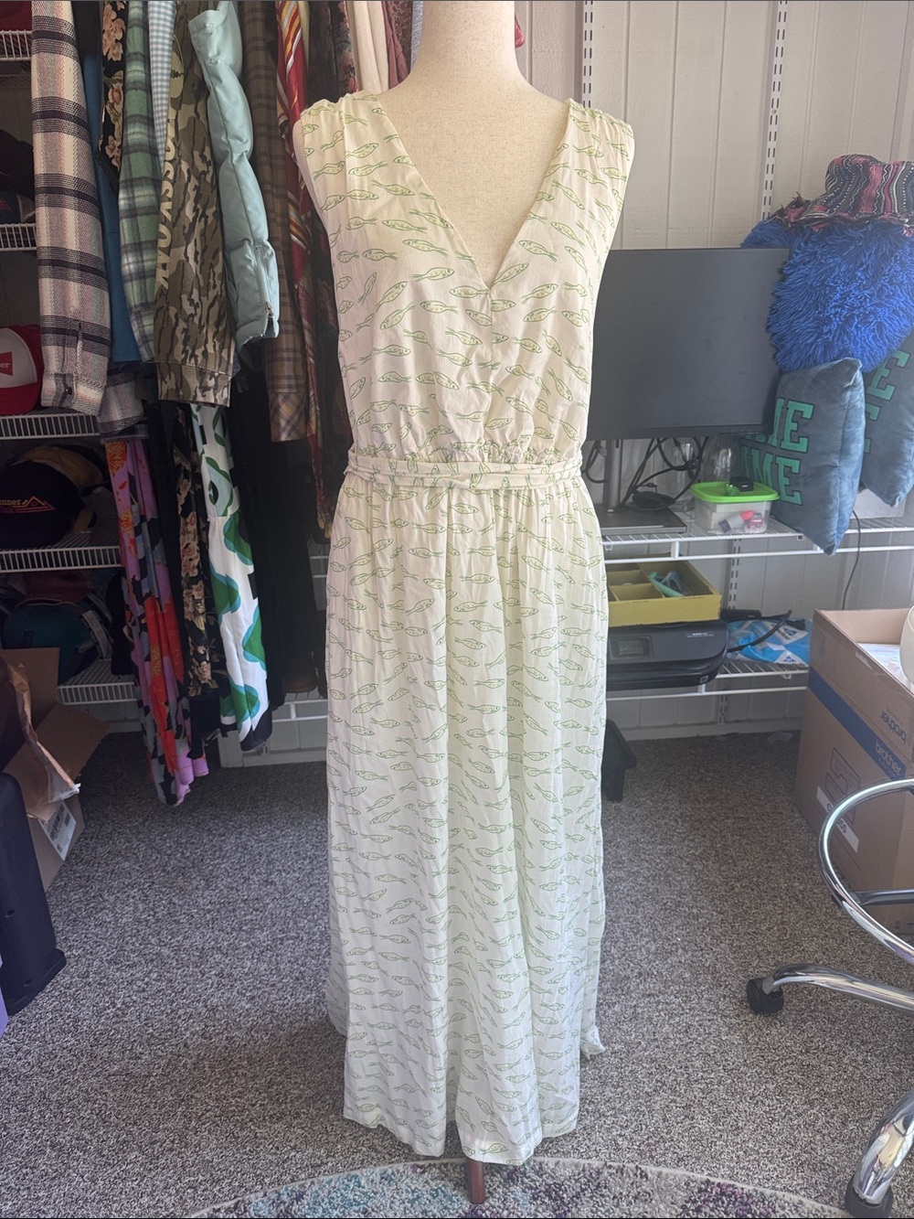 a new day Cream Maxi Dress with Light Green Leaf Print